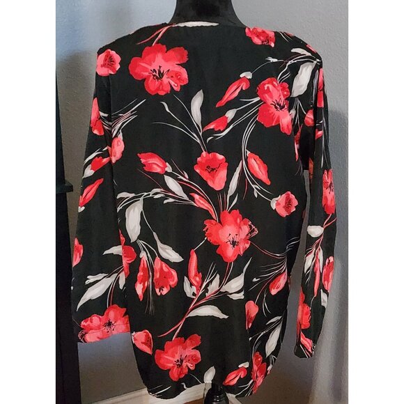 Trendy Looks Blouse 1X Red Black Floral Print Button Front Long Sleeve Shirt - Picture 4 of 7